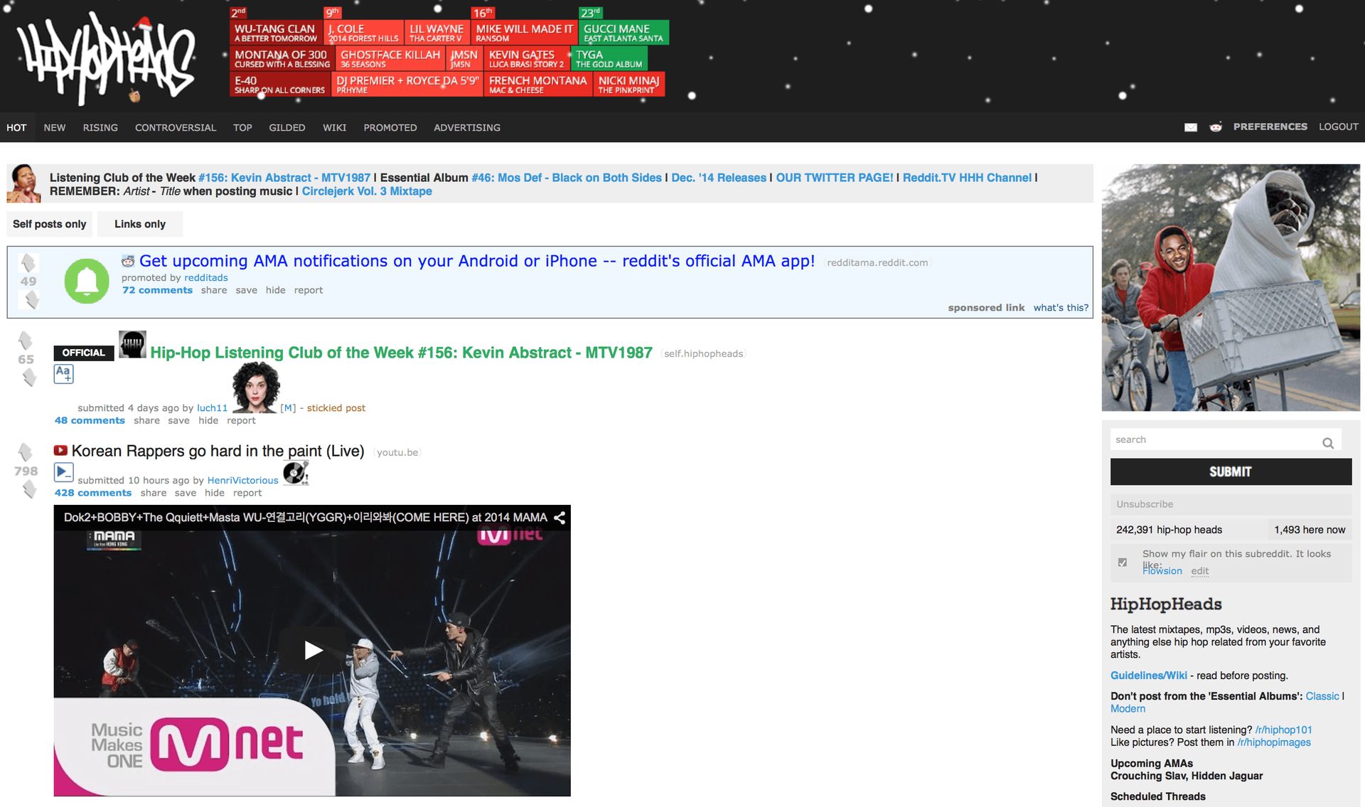 dok2, Bobby, The Quiett, and Masta Wu trend on "hiphopheads" reddit