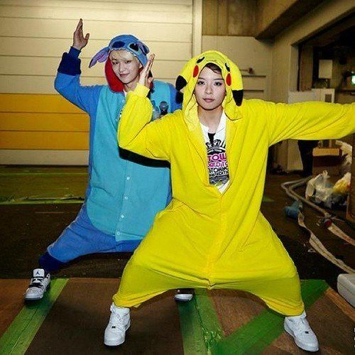 SHINee's Onew as Stitch and f(x)'s Amber as Pikachu