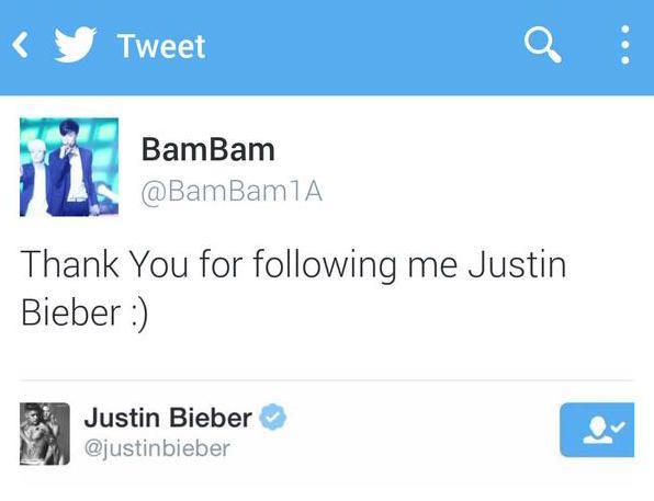 Bambam's deleted tweet, thanking JB for Twitter follow