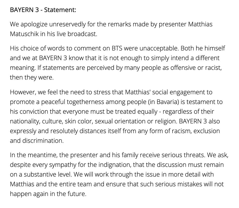 German Radio BAYERN 3 Apologizes For Racist Comments Towards BTS - Koreaboo