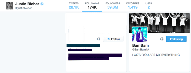 Bieber is currently still following Bambam